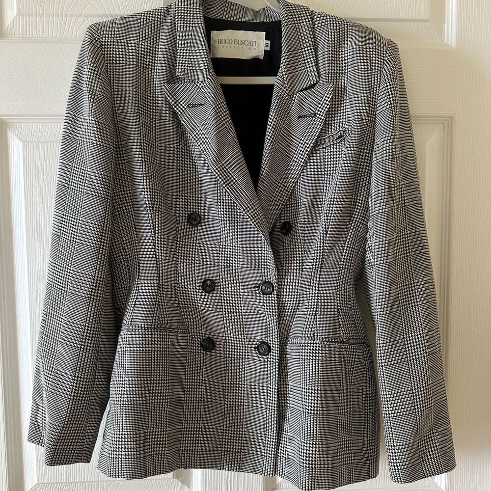 Hugo Buscati Black and White Glen Plaid Double-Breasted Blazer